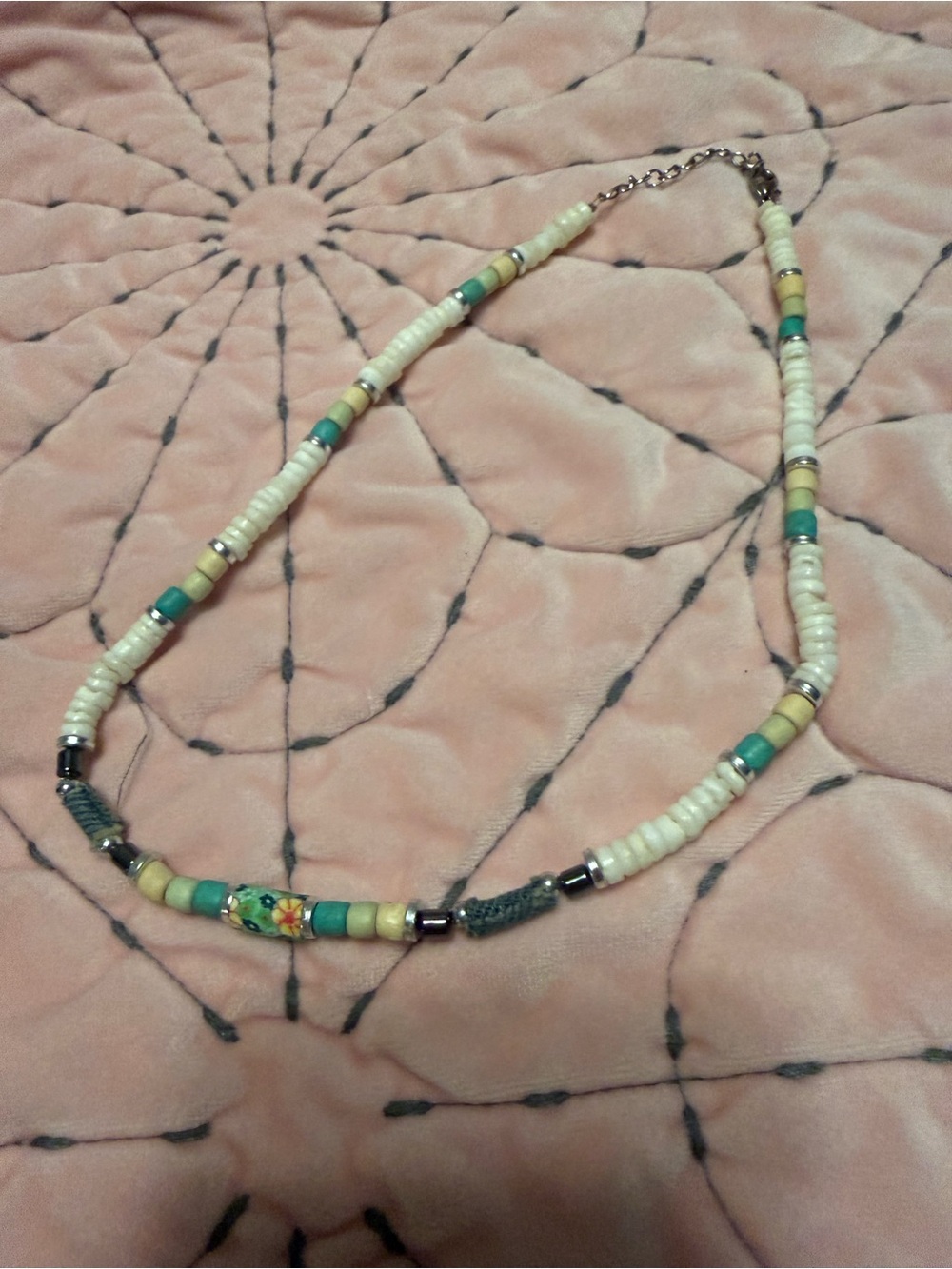 Source Unknown Turquoise, Cream & Yellow Beaded Necklace with Floral Accent
